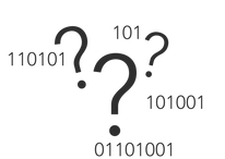 Question marks accompanied by binary code