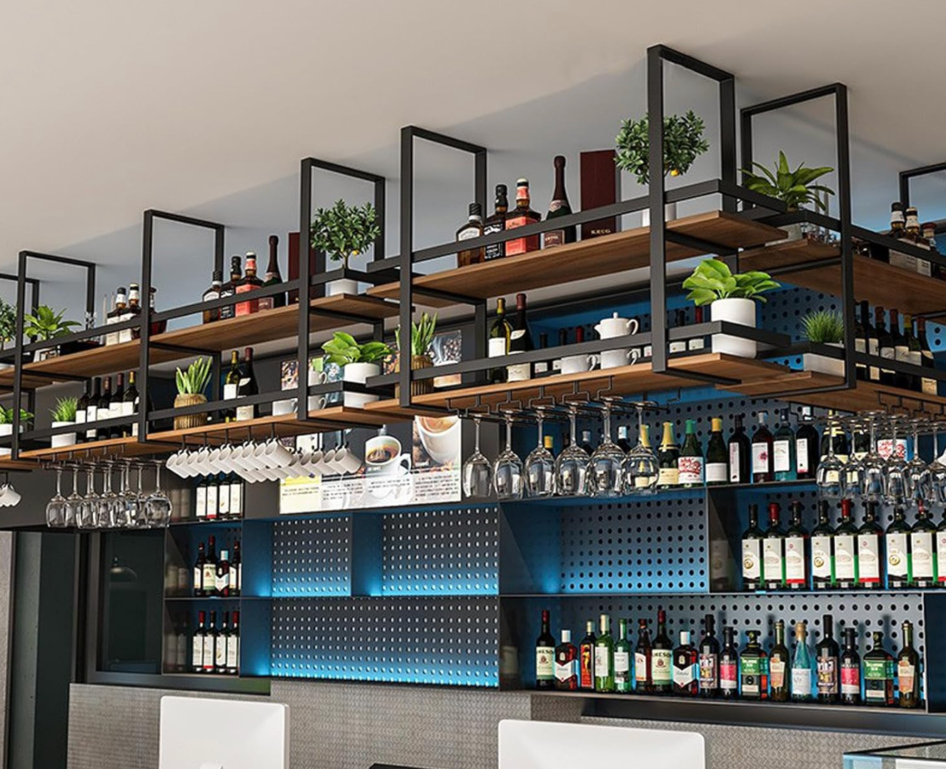 Hanging Wine Rack - Metal Ceiling Glass Rack, 2-Layer Industrial Bottle Holder w