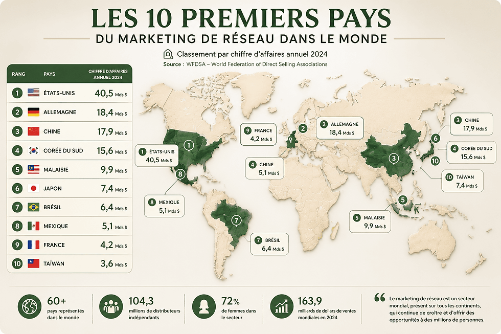 Les dix principaux pays du marketing de réseau selon leur chiffre d'affaires annuel.
