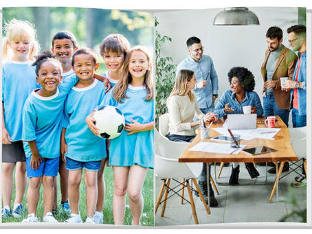 A split image showing: on the left, a diverse group of smiling boys and girls holding a soccer ball on a field; on the right, a diverse group of smiling men and women collaborating around an office desk. This illustrates the connection between teamwork in youth sports and the professional workplace.