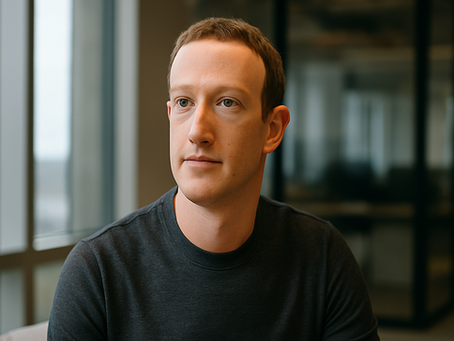 Mark Zuckerberg. Man in a gray shirt sits indoors, looking thoughtful. Background has a blurred office setting with large windows and neutral tones.