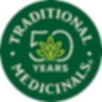 Green circular logo with "Traditional Medicinals" text and “50 Years” above a stylized plant. Cream and yellow text.