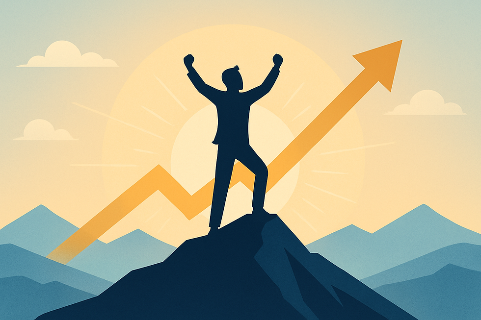 Silhouette of a person with raised arms on a mountain peak, with an upward arrow and sunrise in the background, conveying success.