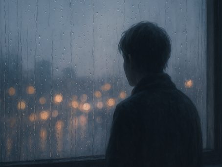 A soft, emotional digital painting of a rainy window with blurred city lights in the background. Include a subtle silhouette of a person gazing out, evoking feelings of solitude and reflection. Use muted tones like gray, navy blue, and soft violet to create a quiet, melancholic atmosphere.