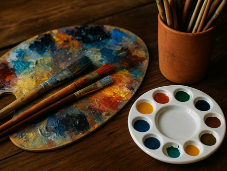Paintbrushes on a colorful palette with mixed paints, a white circular paint tray, and a jar of brushes on a wooden table, create an artistic mood.