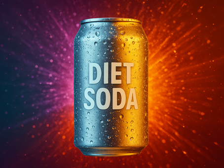 Diet soda can with water droplets on a vibrant orange and purple burst background, creating an energetic and refreshing mood.