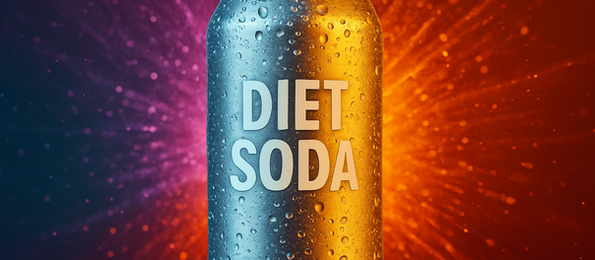 Diet soda can with water droplets on a vibrant orange and purple burst background, creating an energetic and refreshing mood.