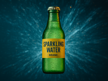 Green glass bottle of sparkling water with a yellow label, droplets on the surface. Blue background with a burst pattern enhances freshness.