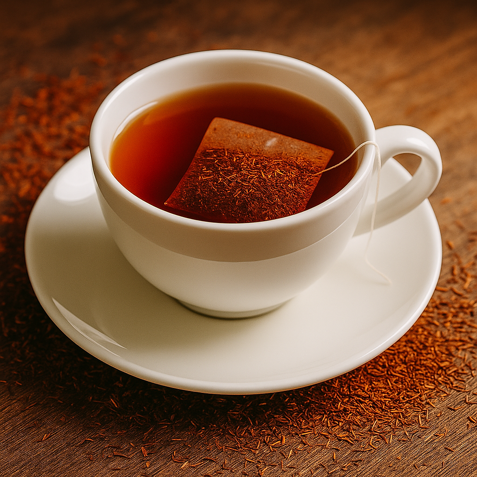 White cup of tea with a teabag on a wooden table. Loose tea leaves scattered around, creating a warm, cozy atmosphere.