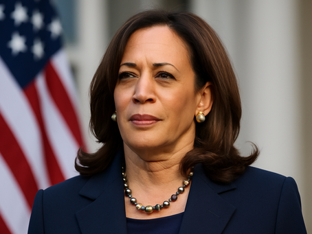 Kamala Harris. A woman in a navy blazer and pearl necklace stands confidently with an American flag in the background.
