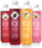 Four colorful Sparkling ICE bottles with fruit labels: Cherry Limeade, Black Raspberry, Orange Mango, Kiwi Strawberry. Zero sugar.