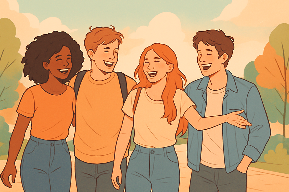 A colorful and heartwarming digital illustration of two or more friends walking side by side, laughing or sharing a moment. The scene takes place in a park or on a city street, with warm lighting, relaxed clothing, and visible joy. Use soft, inviting colors like peach, light blue, and gentle green. The image should evoke warmth, comfort, and connection.