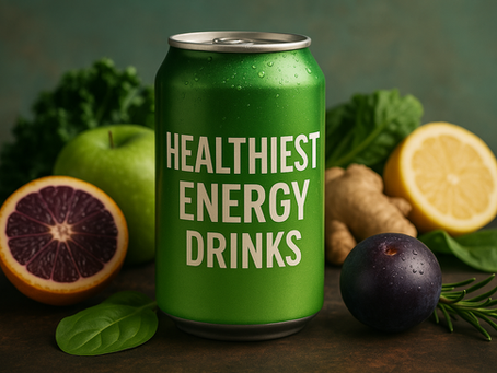 Green can labeled "Healthiest Energy Drinks" surrounded by fruits, ginger, and spinach. Fresh, healthy, organic vibe.