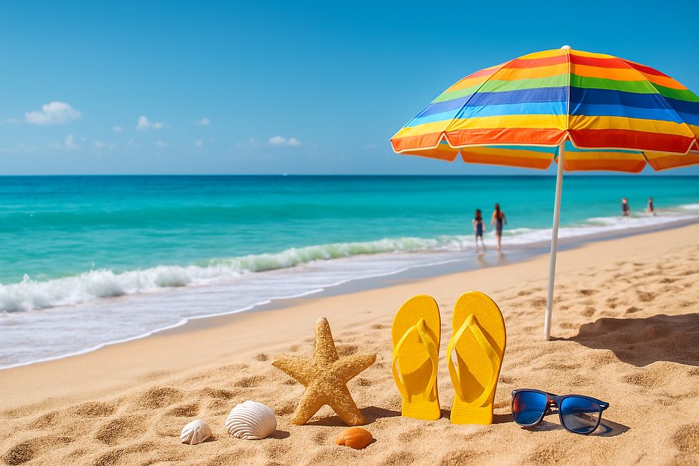 Yellow flip-flops, shells, and sunglasses on a sandy beach under a striped umbrella. Ocean waves in the background with people walking.