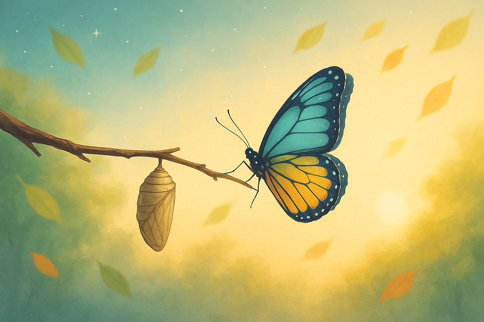A digital illustration of a butterfly emerging from a chrysalis on a branch, with soft morning light in the background. Include gentle elements like falling leaves or petals, symbolizing change and renewal. Use calming colors like soft greens, blues, and golden highlights to evoke hope and new beginnings.