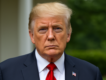 Donald Trump. A person with fair hair in a suit and red tie, wearing an American flag pin, stands outdoors with a serious expression, blurred greenery behind.