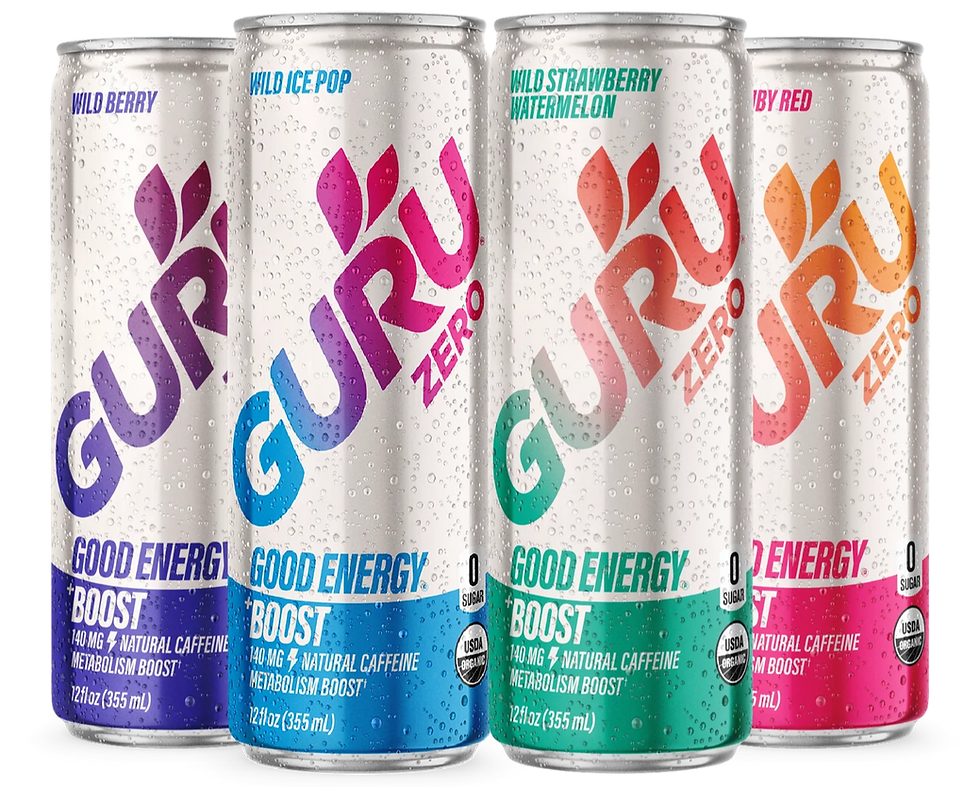 Four GURU energy drink cans in purple, blue, green, and pink. Each displays flavor text: Wild Berry, Ice Pop, Strawberry Watermelon, Ruby Red.