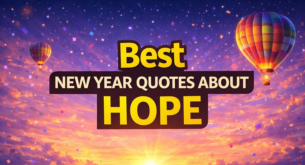 Hot air balloons float in a colorful sunset sky with confetti. Text: "Best New Year Quotes About Hope". Bright and uplifting mood.