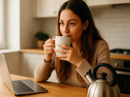 Woman in a kitchen sips coffee, laptop open beside her on a wooden table. Soft light and warm tones create a cozy atmosphere.