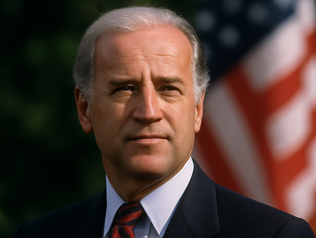Young Joe Biden. Man in a suit with a red-striped tie stands against a blurred American flag background, looking thoughtful and composed. Green foliage visible.