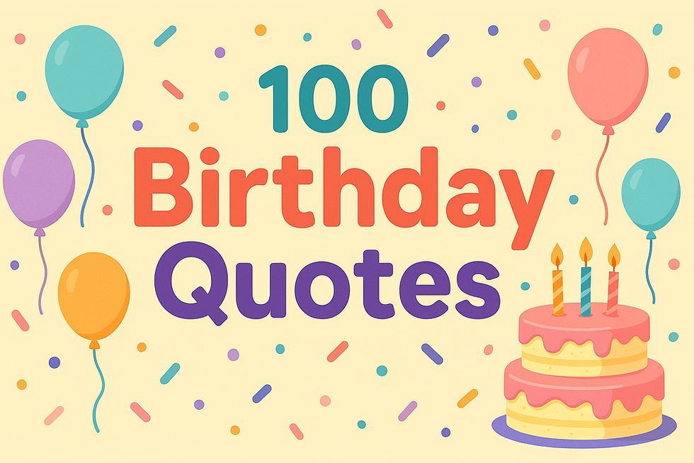 Balloons, confetti, and a cake with candles surround the text "100 Birthday Quotes" on a festive, colorful background.