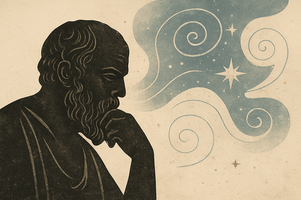A contemplative digital illustration featuring an ancient Greek or Roman statue silhouette (such as Socrates or Aristotle) with abstract swirling thought patterns or constellations emerging from the head. The background should include earthy tones like stone gray, soft blue, and parchment beige, evoking timeless wisdom and deep thinking.