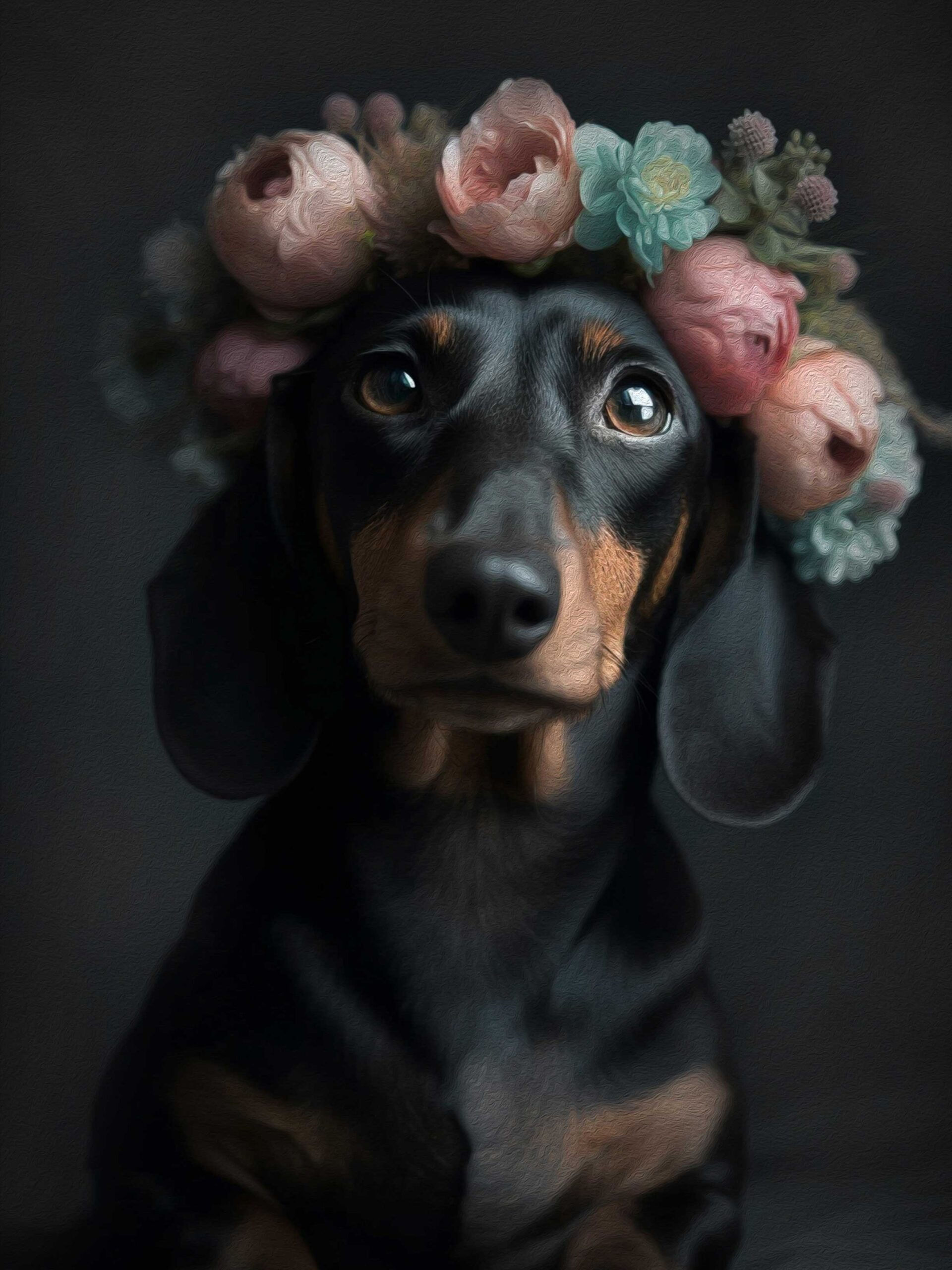 Tuinposter Zwarte Teckel met bloemenkrans Nino-Art