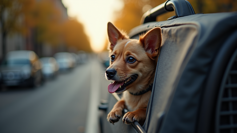 Close-up view of a small dog in a pet carrier during transport
