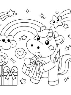 Birthday unicorn with presents on a magical coloring page.