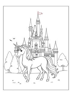 Unicorn standing in front of a castle on a magical coloring page.