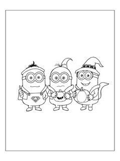 Minions in Halloween costumes on a fun coloring page for kids.