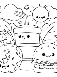 Cute kawaii food on a fun coloring page.