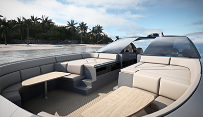 CAT 60 - Possui uma enorme área social sob o hardtop de fibra de carbono e duas cabines completas com banheiro privativo e chuveiro. Ele pode chegar a uma velocidade de até 50 mph com o Quad Mercury Racing 450hp