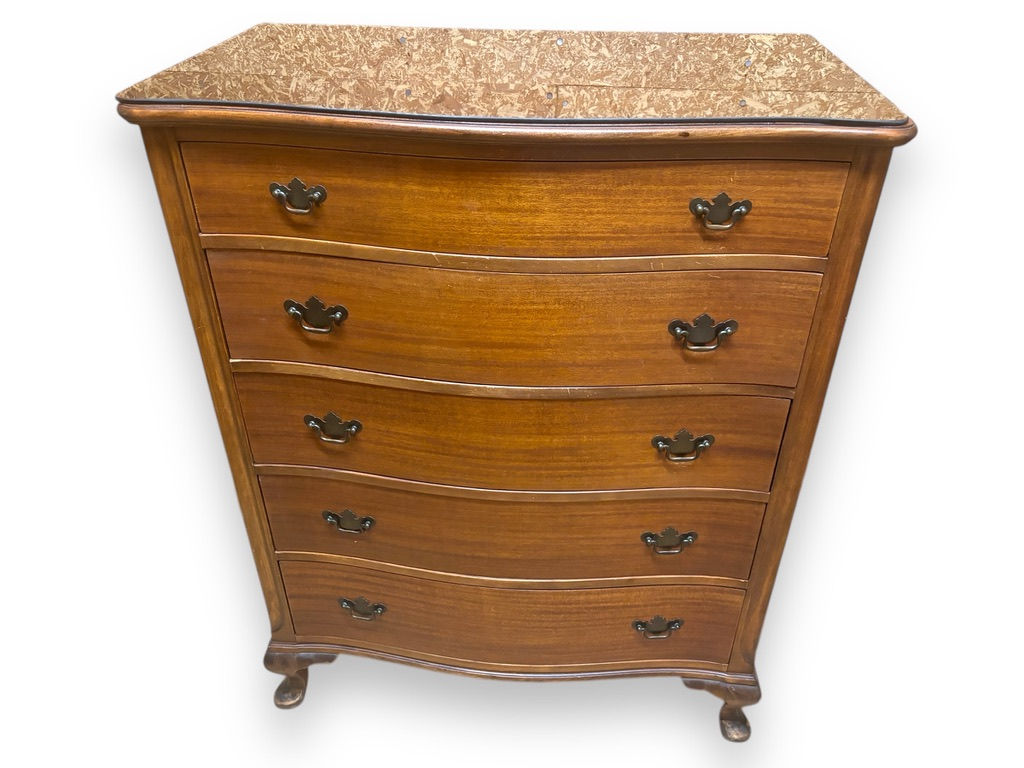 WOODEN 5 DRAWER DRESSER WITH GLASS TOP