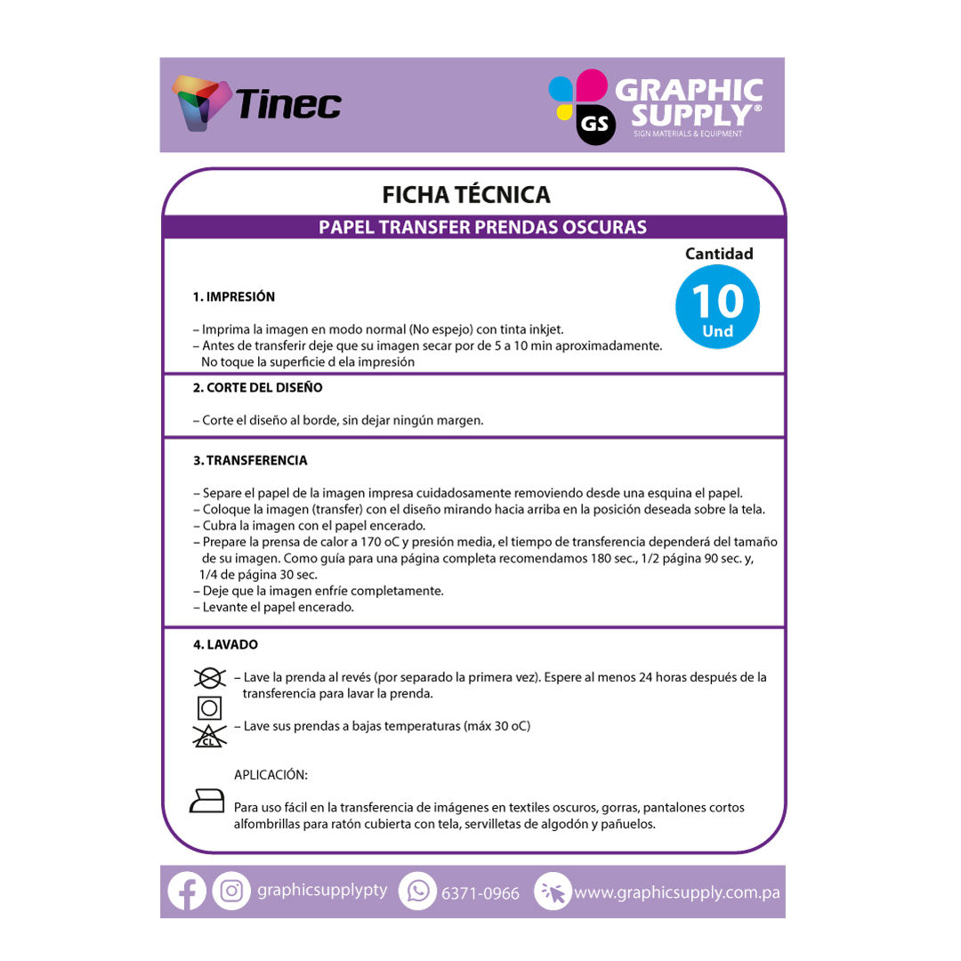 PACK DE 10 HOJAS DE PAPEL TRANSFER PRENDAS OSCURAS TINEC