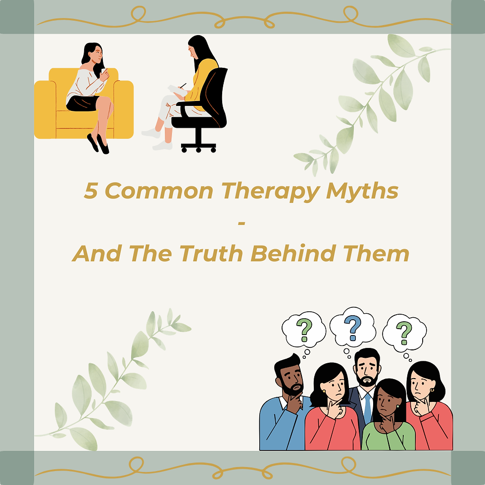 A woman in a therapy session, people looking confused, and the words "5 common therapy myths and the truth behind them"