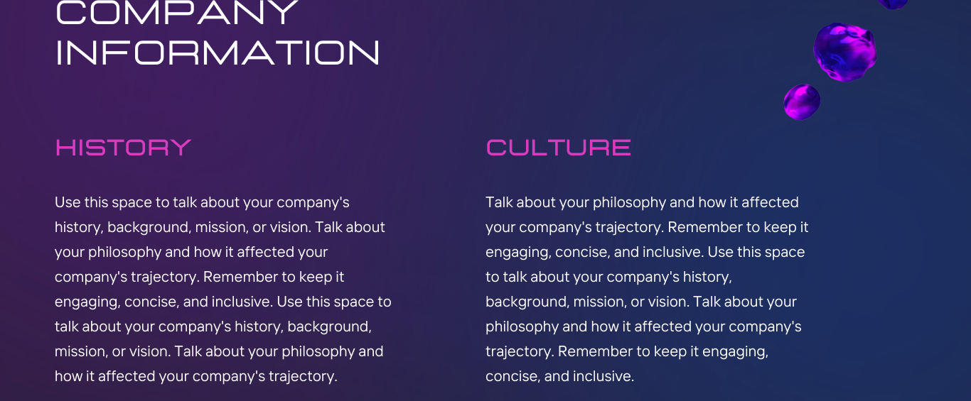 Company information slide with history and culture descriptions, design Webxxs