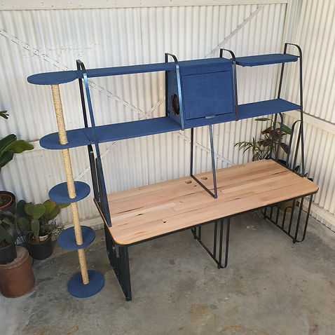 Art Deco-style handcrafted work desk with cat nooks made from timber and steel in Melbourne