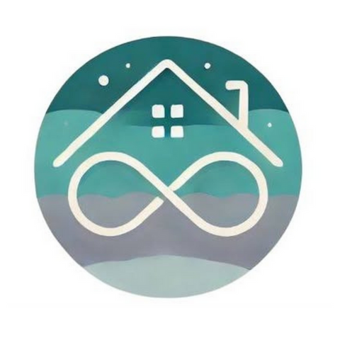 Infinity sign with a roof outline above it and turquoise grey background