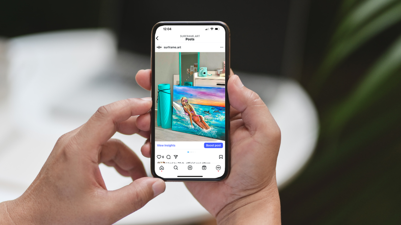 Social media post preview of art "Girl surfing with dolphins at sunset"