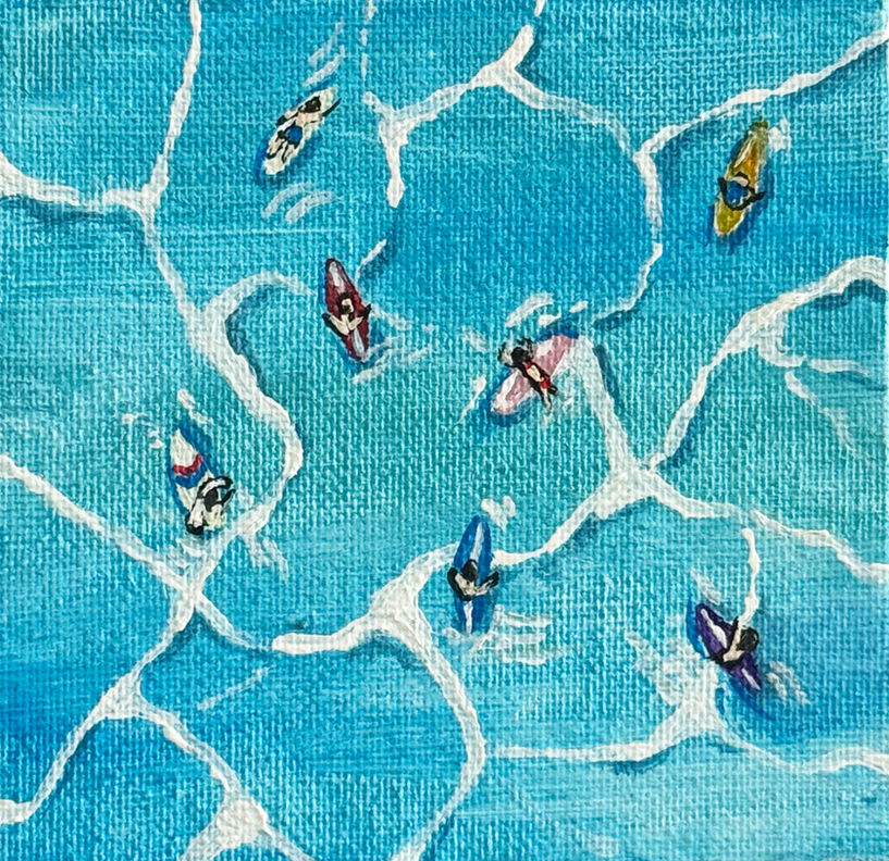 "Ocean with surfers" | 4x4 in acrylic on canvas