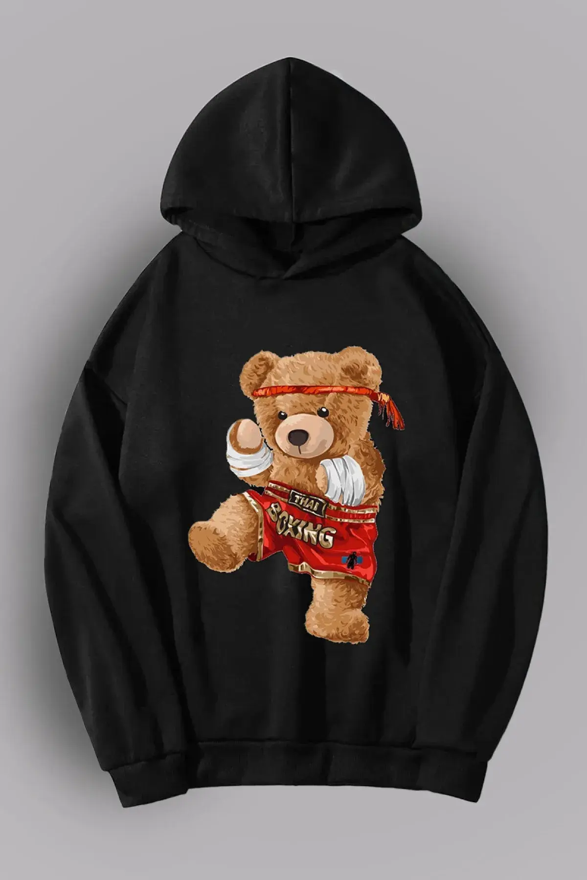 Erkek Siyah Oversize Teddy Bear Baskılı Sweatshirt