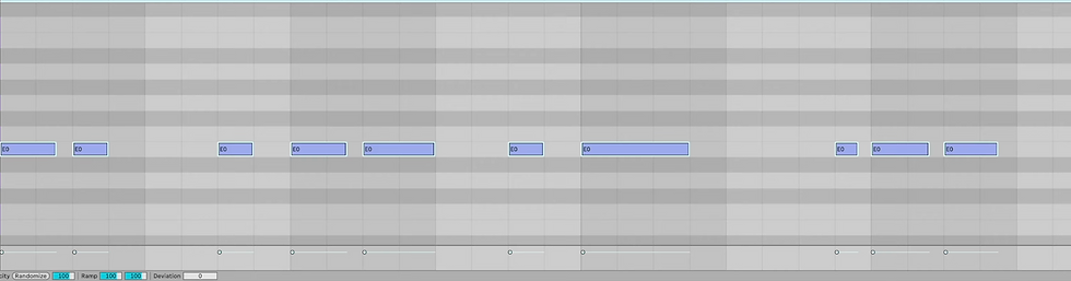 Digital music composition grid displaying notes marked "E0" in blue on a grey background, with control options at the bottom.