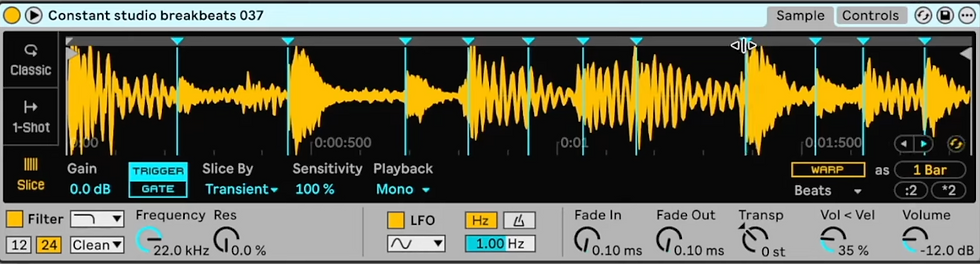 Audio editing software interface featuring a yellow waveform, settings for gain, filter, and volume. Text: "Constant studio breakbeats 037".