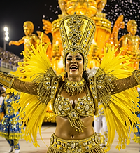 Samba dancer wearing a golden parade costume at Rio Carnival 2026, part of RioBela’s exclusive Carnival Packages