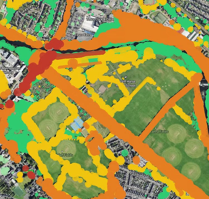 GIS map showing ash dieback risk assessment and tree hazard mapping across urban area