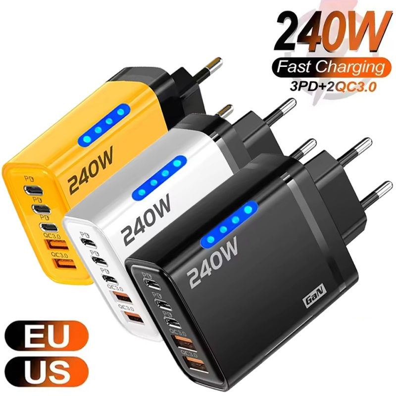 240W GaN 5 in 1 Fast Charging Phone Charger USB C Charger Power Adapter Type C E