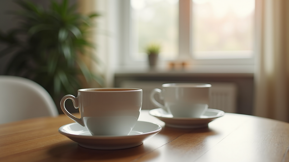 Close-up view of two coffee cups on a table in a therapy room