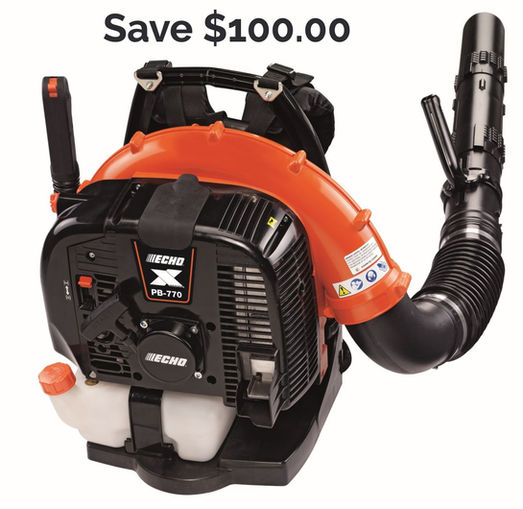 Echo PB-770H backpack blower product studio image. orange, black.