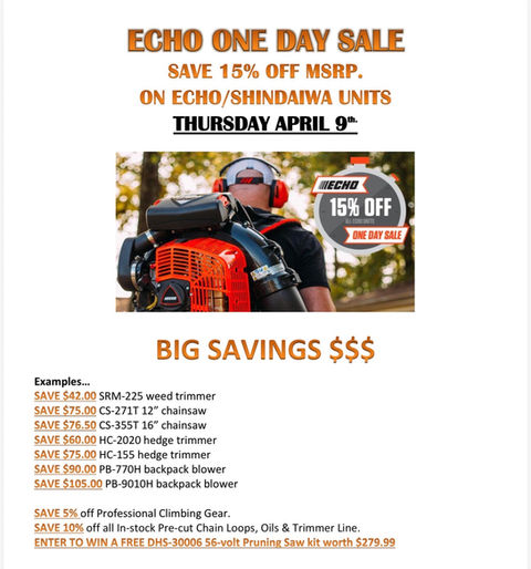 Image of Echo backpack blower for 15% off sale with text. Orange, Black, White.